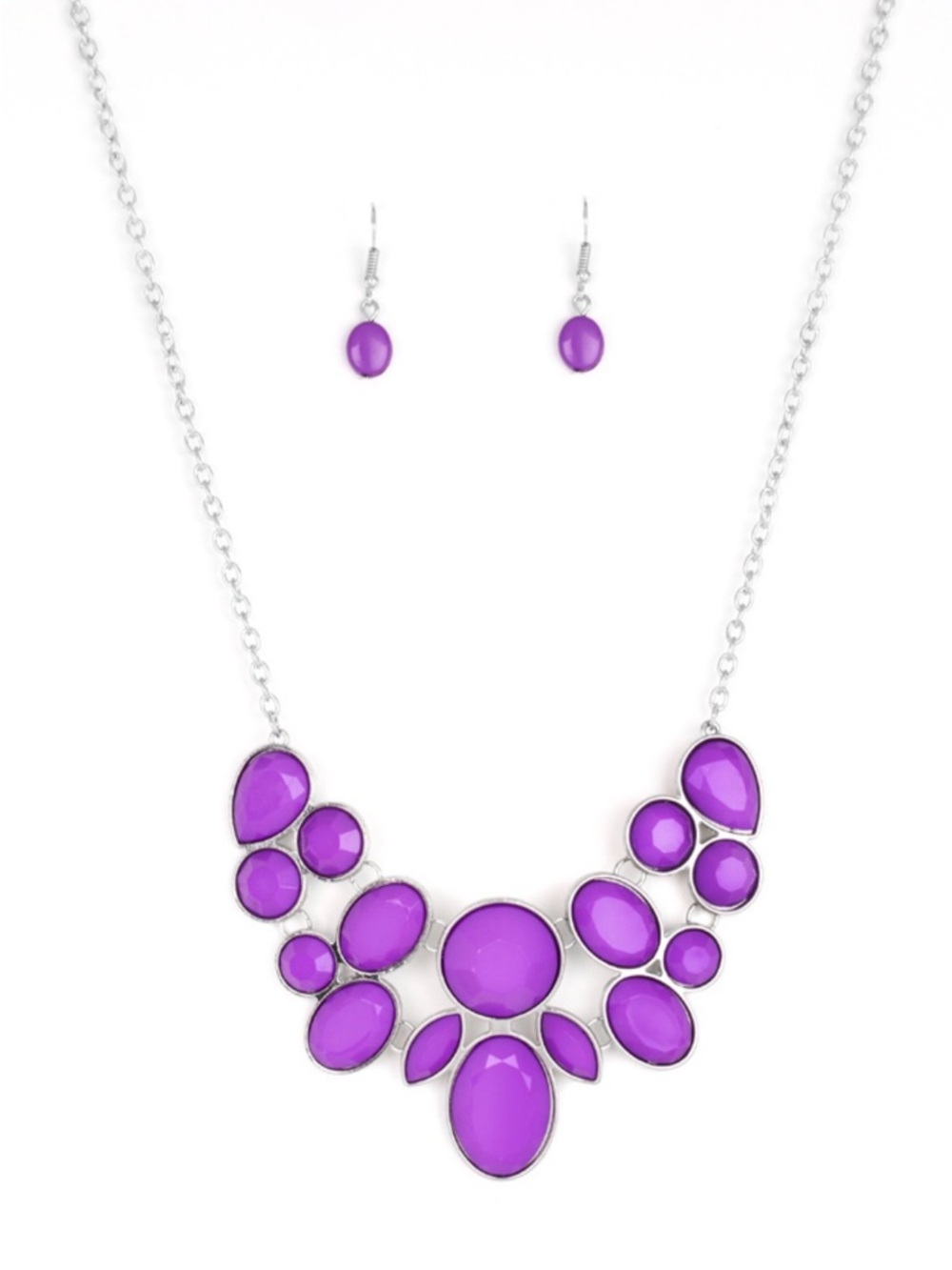 N-80 Purple Statement Bib Necklace and Earrings Set - Ladies Fashion Jewelry